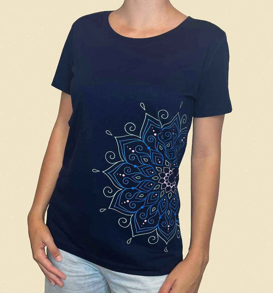 T-shirt mandala cotone bio - "Ricorda che sei preziosa" Blu